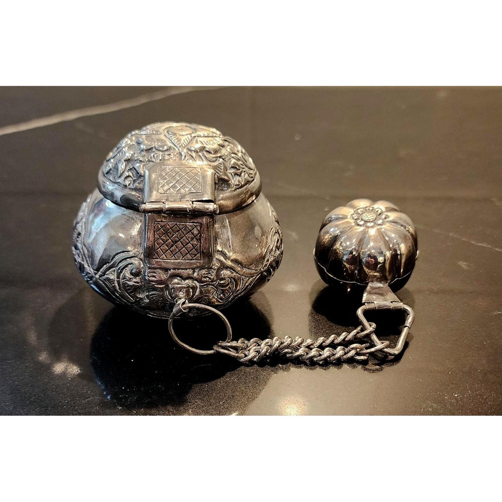 Vintage Nepalese Betel Nut Box Set Silver Plated Brass Himalayan Ritual Art